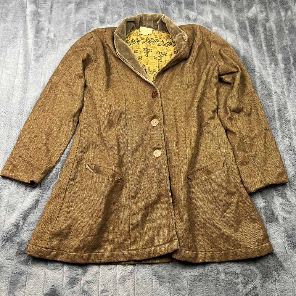 April Cornell Womens Brown Herringbone Wool Coat Velvet Collar Button Back M